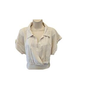 NWT AAKAA sz L neutral 100% linen beige short sleeve Cinched bottom faux wrap